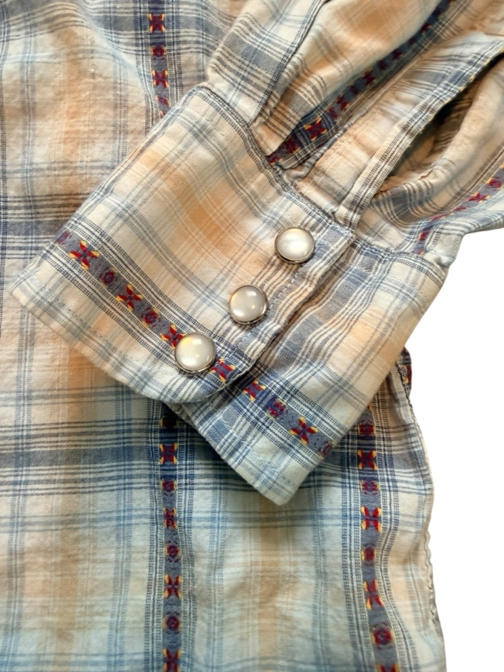 BKE Buckle Plaid Western Snap Shirt Mens Large Blue Tan Embroidered Cotton - Picture 10 of 11